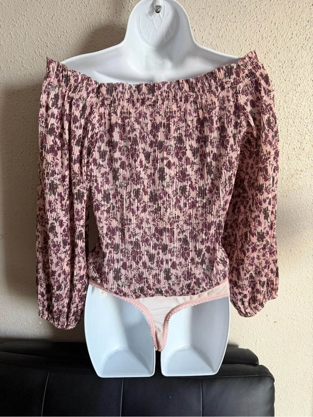 Free People Dusty Pink Floral Off-Shoulder Smocked Bodysuit